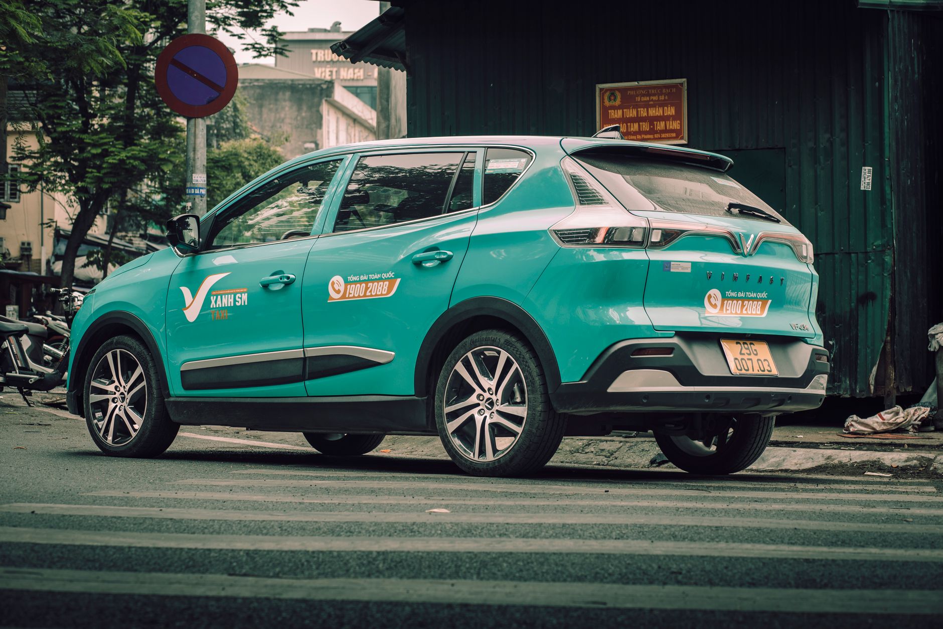 VinFast car parked on a city street in Vietnam with a focus on urban vehicle visuals.