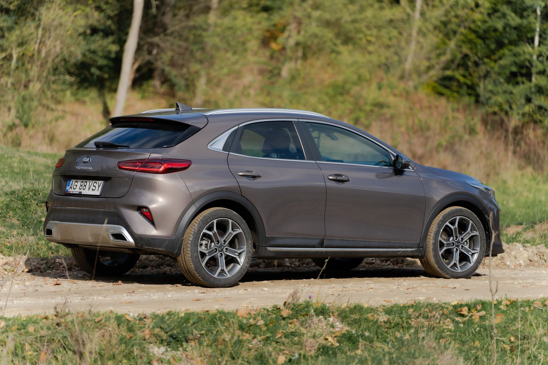 Stylish gray crossover SUV parked on a sunny country road.