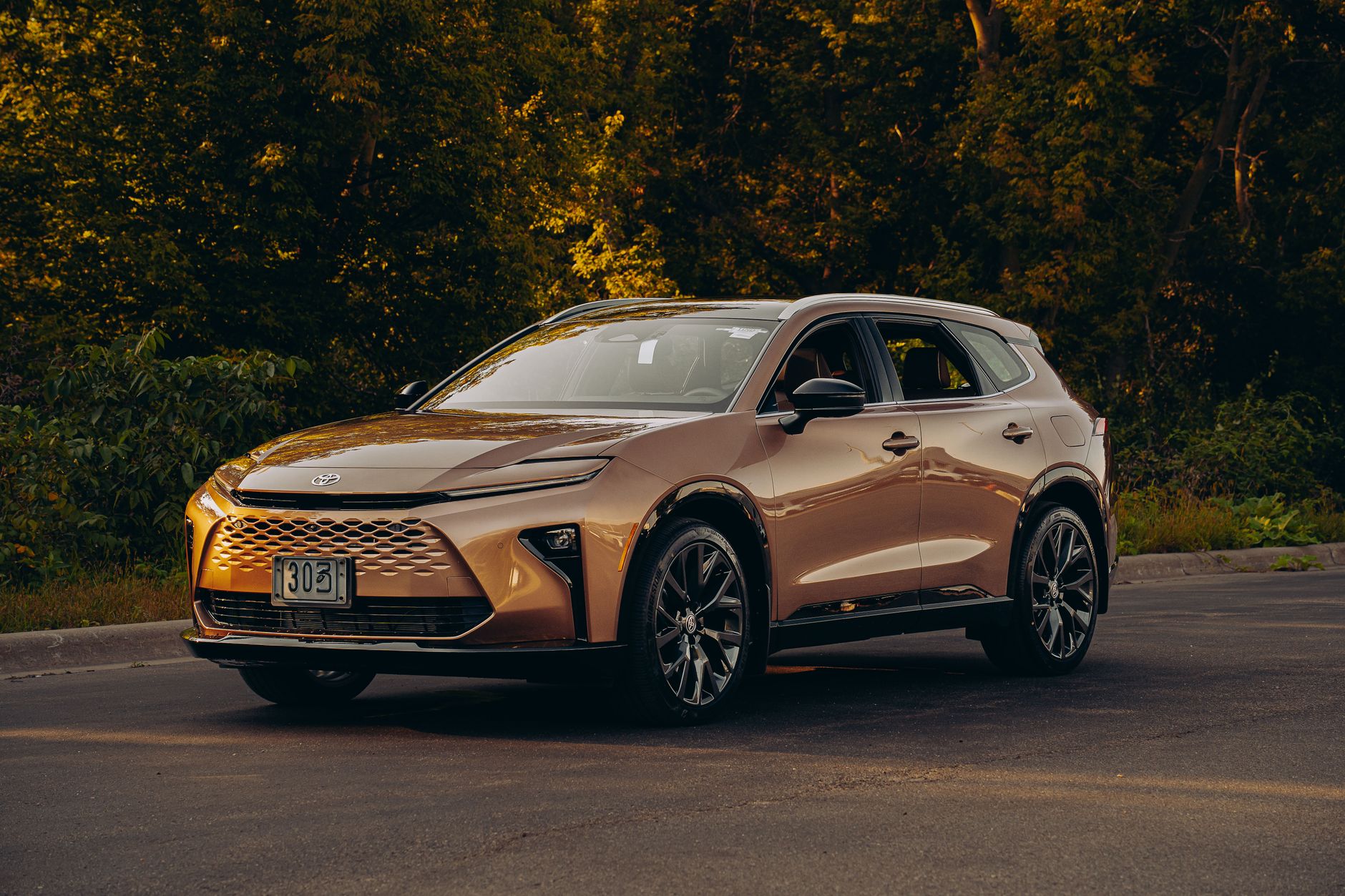 Modern bronze SUV parked outdoors with a lush forest background.